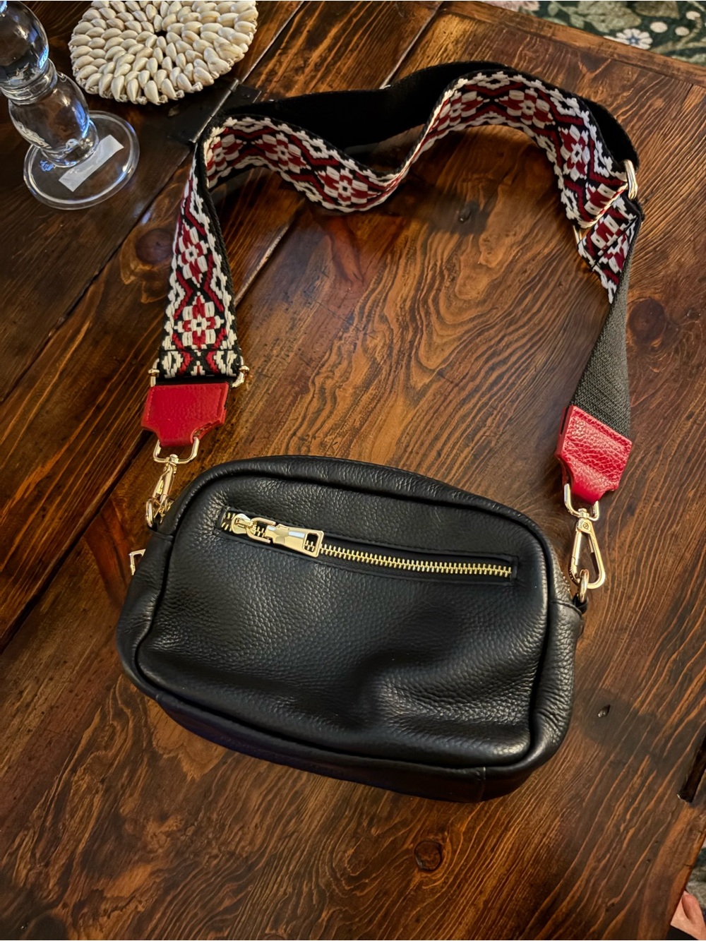 Black Leather Crossbody Bag with Patterned Detachable Strap